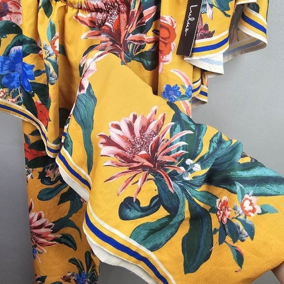 LULUS Honolulu Golden Yellow Floral Print Off-the-Shoulder Jumpsuit Womens Sz L - Picture 9 of 14